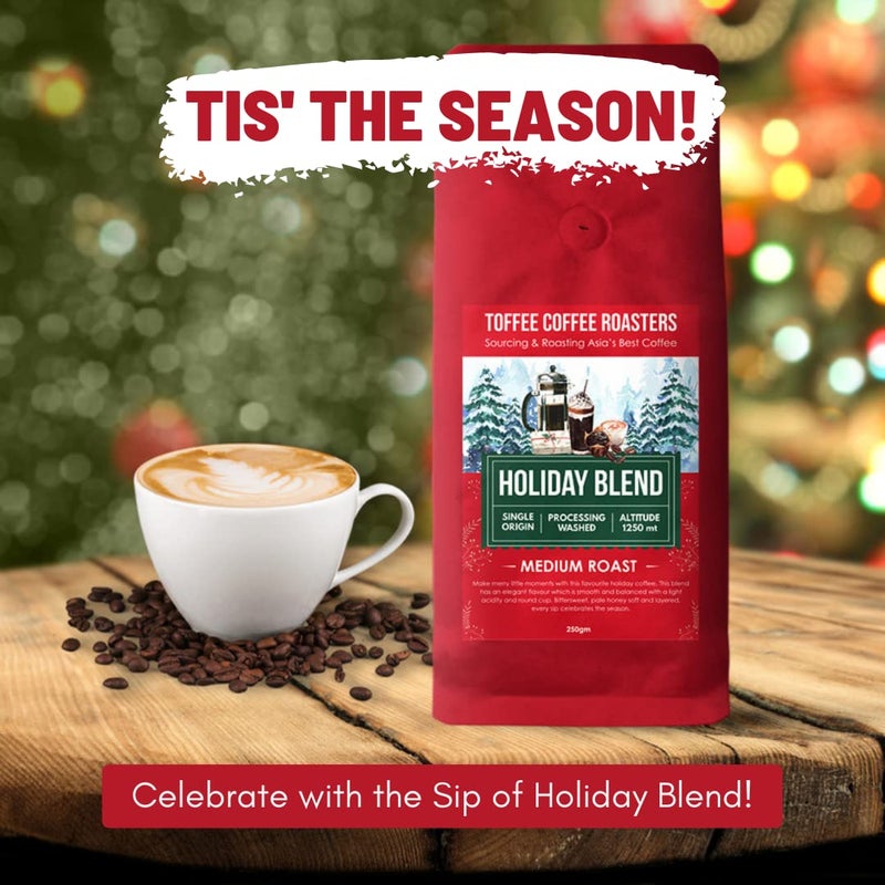 Toffee Coffee Roasters | Holiday Blend Coffee | Speciality Blend| 100% Arabica Medium Roast | Grounded Coffee Notes: Bittersweet, Pale Honey Sift & Layered | Grind: Aeropress| Freshly Roasted | 250 gm - Image 5