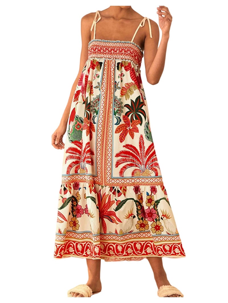 WDIRARA Women's Boho Floral Sleeveless Ruffle Maxi Dress Tropical Graphic Tie Shoulder Smocked Cami Dresses Red and White Small - Image 1