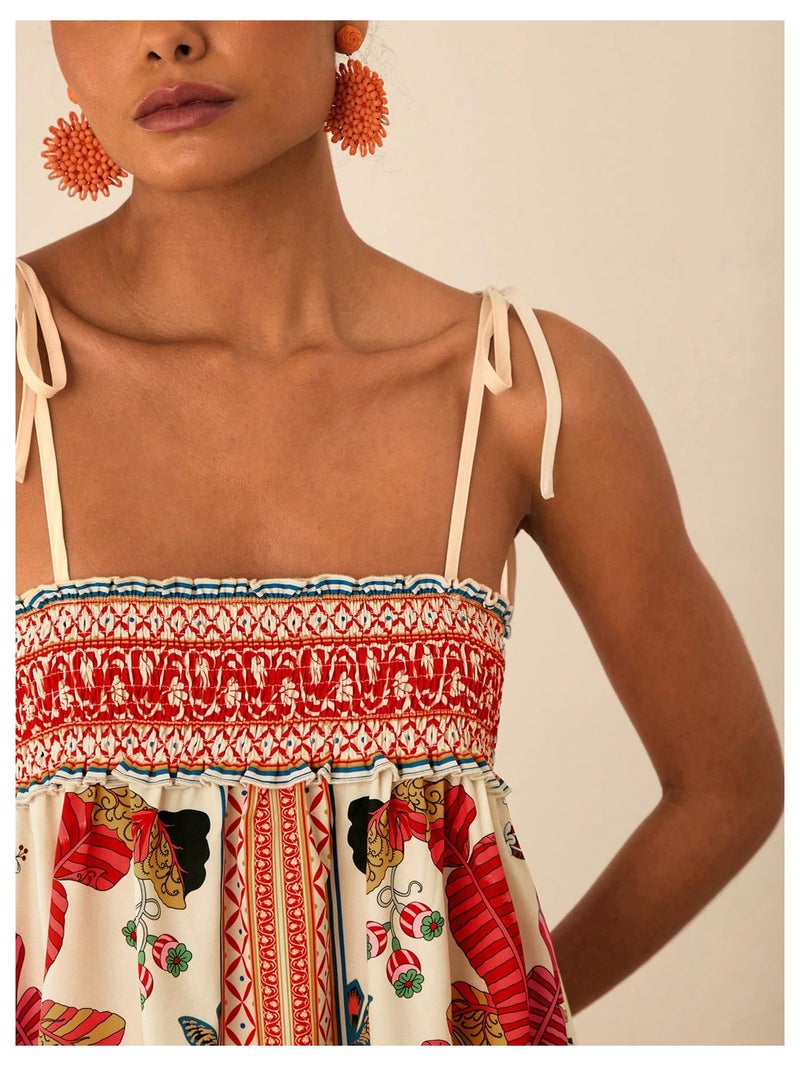 WDIRARA Women's Boho Floral Sleeveless Ruffle Maxi Dress Tropical Graphic Tie Shoulder Smocked Cami Dresses Red and White Small - Image 4