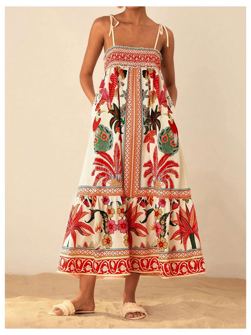 WDIRARA Women's Boho Floral Sleeveless Ruffle Maxi Dress Tropical Graphic Tie Shoulder Smocked Cami Dresses Red and White Small - Image 5