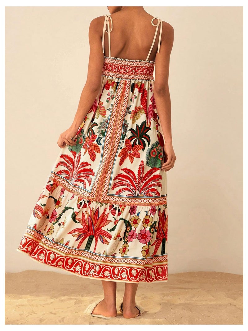 WDIRARA Women's Boho Floral Sleeveless Ruffle Maxi Dress Tropical Graphic Tie Shoulder Smocked Cami Dresses Red and White Small - Image 3