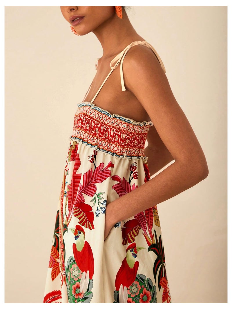 WDIRARA Women's Boho Floral Sleeveless Ruffle Maxi Dress Tropical Graphic Tie Shoulder Smocked Cami Dresses Red and White Small - Image 2