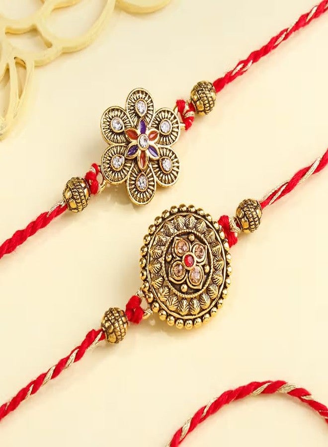 Floweraura Premium Handcrafted Elegant Set of 2 Elegant Golden Motif Rakhis With Roli Packet - Rakhi For Brother, Bhai, Kids, Bhaiya, Cousins & Rakshabandhan Gift (Same Day Delivery) - Image 2