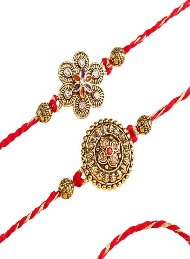 Floweraura Premium Handcrafted Elegant Set of 2 Elegant Golden Motif Rakhis With Roli Packet - Rakhi For Brother, Bhai, Kids, Bhaiya, Cousins & Rakshabandhan Gift (Same Day Delivery) - Image 1