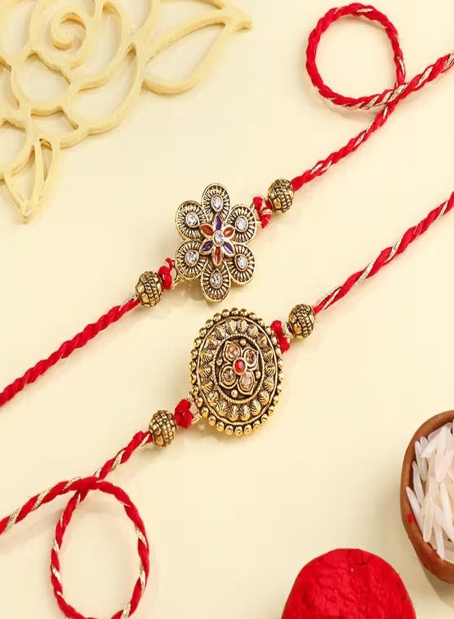 Floweraura Premium Handcrafted Elegant Set of 2 Elegant Golden Motif Rakhis With Roli Packet - Rakhi For Brother, Bhai, Kids, Bhaiya, Cousins & Rakshabandhan Gift (Same Day Delivery) - Image 3