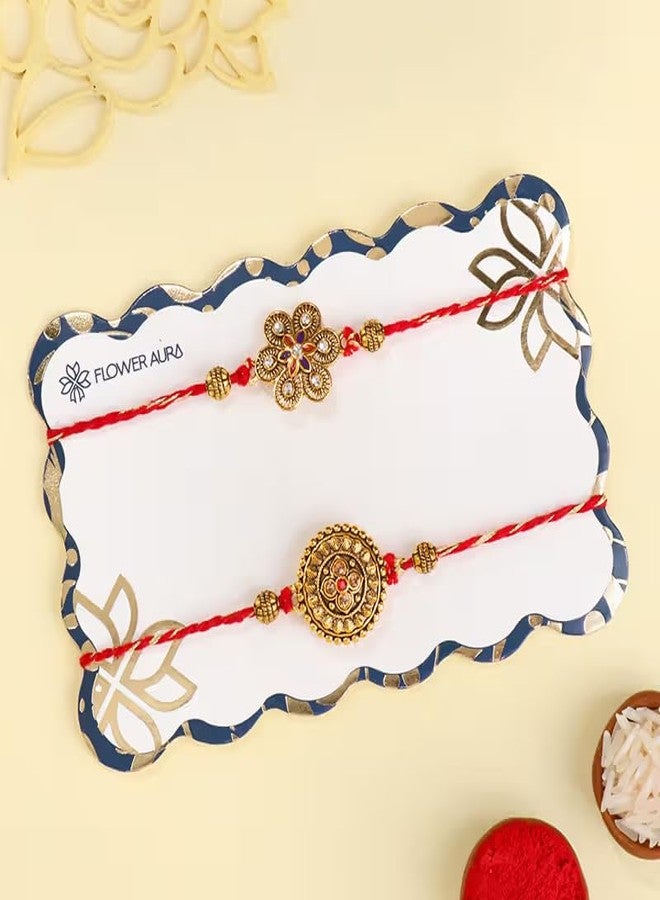 Floweraura Premium Handcrafted Elegant Set of 2 Elegant Golden Motif Rakhis With Roli Packet - Rakhi For Brother, Bhai, Kids, Bhaiya, Cousins & Rakshabandhan Gift (Same Day Delivery) - Image 4