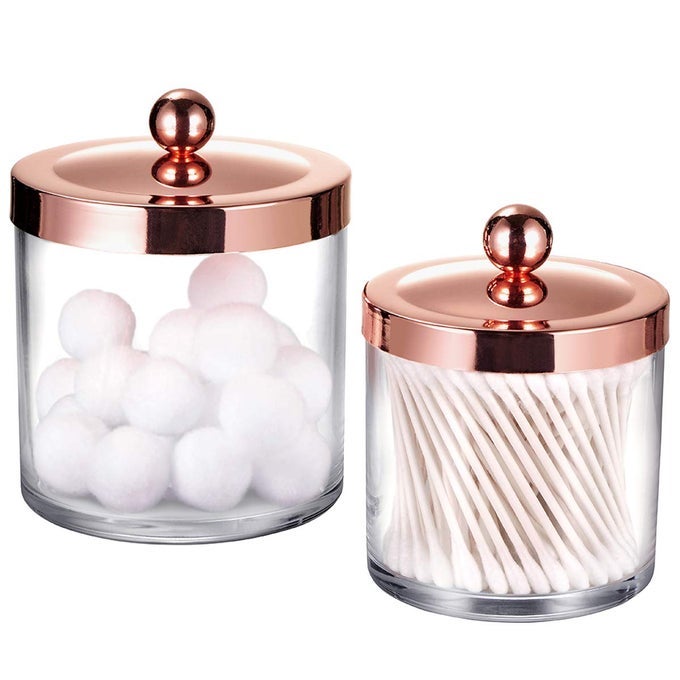 2 PACK PREMIUM PLASTIC APOTHECARY JARS QTIP HOLDER BATHROOM VANITY KITCHEN COUNTERTOP STORAGE ORGANIZER CANISTERS FOR COTTON BALLS COTTON SWABS CANDY MAKEUP SPONGESROSE GOLD
