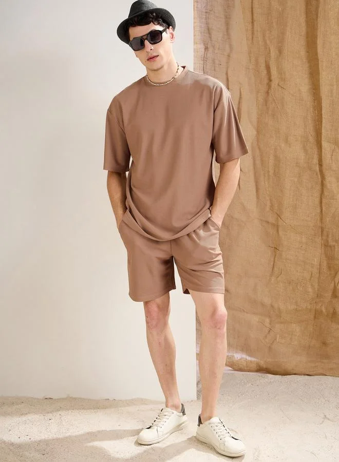 SASSAFRAS Sassafras Men Brown Waffle Textured Oversized T-Shirt and Shorts Co-Ords