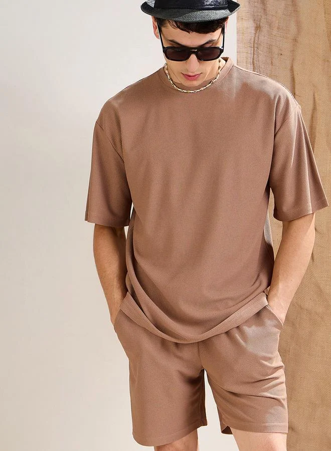 SASSAFRAS Sassafras Men Brown Waffle Textured Oversized T-Shirt and Shorts Co-Ords