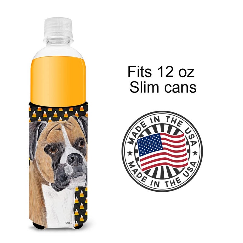 Caroline's Treasures Caroline's Treasures SC9191MUK Boxer Fawn Uncropped Ears Candy Corn Halloween Portrait Ultra Hugger for slim cans Can Cooler Sleeve Hugger Machine Washable Drink Sleeve Hugger Collapsible Insulator Be  - Image 3