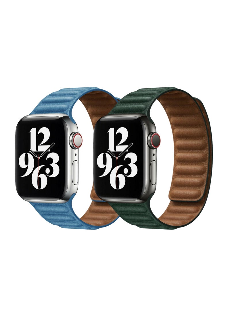 YOMNA For Apple Watch Leather Link Band Strap iWatch Series 40/44/41/45mm Cornflower Blue Strap with Sequoia Green Strap  - Image 1