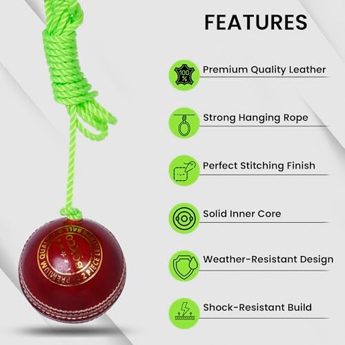 BOXCO Red Leather Hanging Cricket Ball Standard Size Knocking Ball for Batting Practice.Ideal for Improving Hand-Eye Coordination, Stroke Technique & Timing (7 ft Cord Included) - Image 2