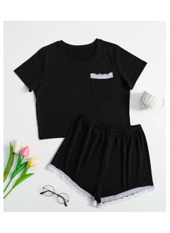Generic Women 2 Piece Ribbed Knit Pajama Set Short Sleeve Button Crop Top and Shorts Lounge Sweatsuits Sleepwear Nightwear For Women  - Image 1