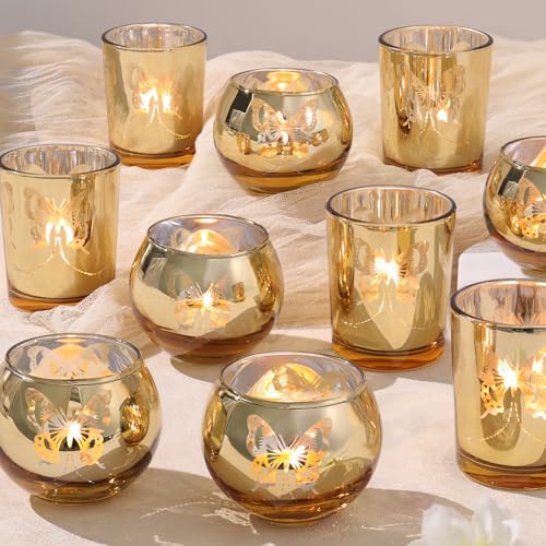 Lanttu Gold 12 PCS Combination Tea Lights Candle Holder Decorative with Butterfly Pattern Votive Candle Holders for Wedding Birthday Anniversary Parties and Holiday Decorations - Image 1
