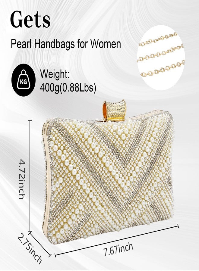 Gets White Pearl Clutch Purses for Women Wedding Bride Evening Bag Formal Party Clutches Tote Handbag Prom Shoulder Bags(Striped Champagne) - Image 4