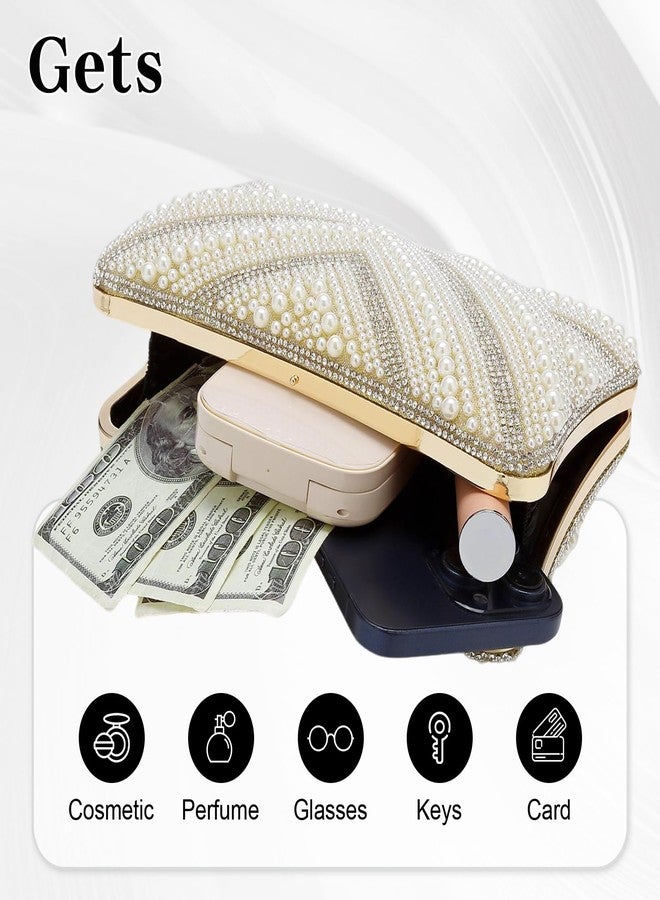 Gets White Pearl Clutch Purses for Women Wedding Bride Evening Bag Formal Party Clutches Tote Handbag Prom Shoulder Bags(Striped Champagne) - Image 5