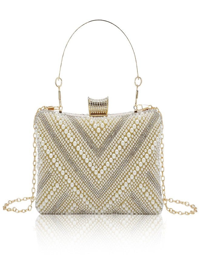 Gets White Pearl Clutch Purses for Women Wedding Bride Evening Bag Formal Party Clutches Tote Handbag Prom Shoulder Bags(Striped Champagne) - Image 1