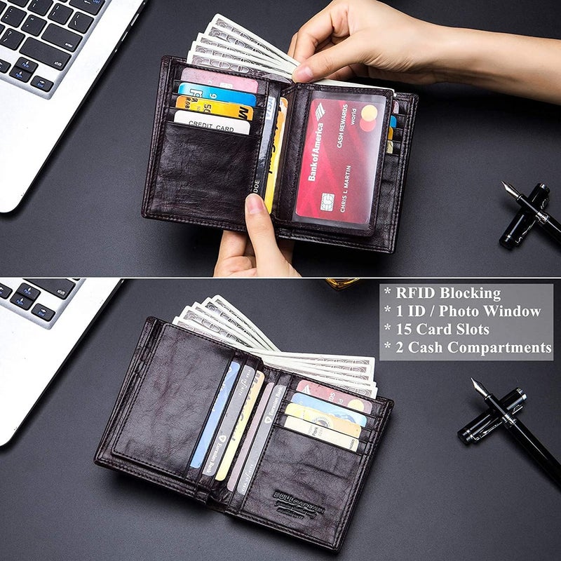 BULLCAPTAIN Large Capacity Genuine Leather Bifold Wallet/Credit Card Holder for Men with 15 Card Slots QB-027 - Image 3