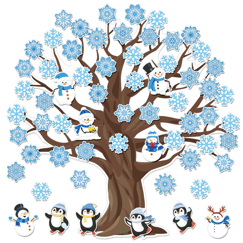 Whaline 104Pcs Winter Tree Bulletin Board Decoration Snowflake Tree Snowman Penguin Cutouts Winter Xmas Bulletin Board Classroom Decor with Glue Points for Holiday Party School Home Decor