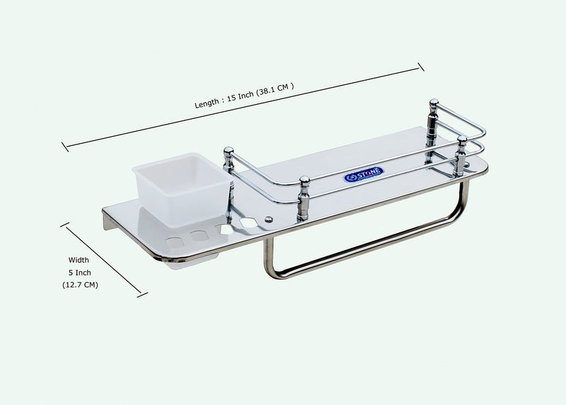 STONE STONE Stainless Steel Classic 3 in 1 Multipurpose Bathroom Shelf Rack Towel Rod Tumbler Holder with Brush Hanger Bathroom Accessories (15 Inch) - Image 2