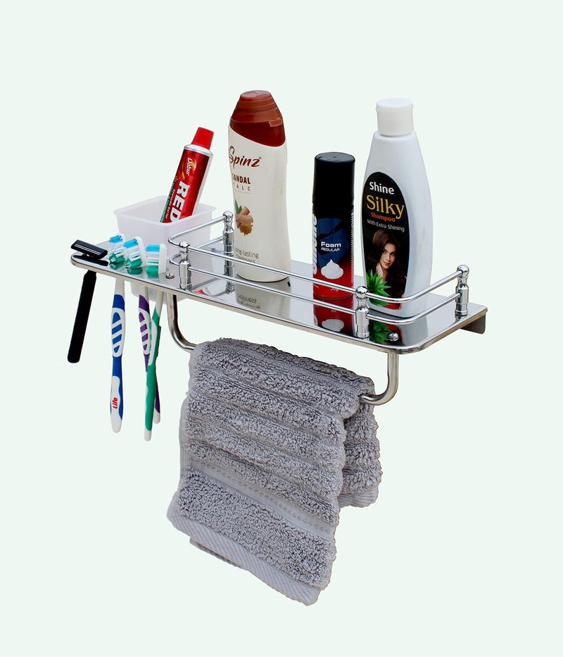 STONE STONE Stainless Steel Classic 3 in 1 Multipurpose Bathroom Shelf Rack Towel Rod Tumbler Holder with Brush Hanger Bathroom Accessories (15 Inch) - Image 5