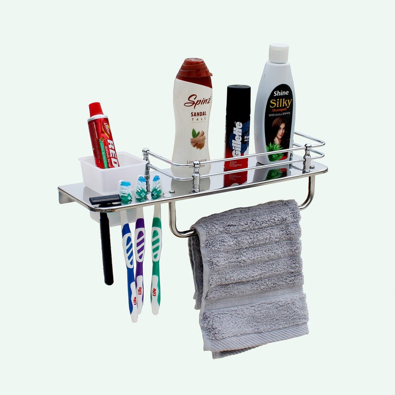 STONE STONE Stainless Steel Classic 3 in 1 Multipurpose Bathroom Shelf Rack Towel Rod Tumbler Holder with Brush Hanger Bathroom Accessories (15 Inch) - Image 1