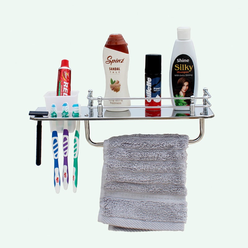 STONE STONE Stainless Steel Classic 3 in 1 Multipurpose Bathroom Shelf Rack Towel Rod Tumbler Holder with Brush Hanger Bathroom Accessories (15 Inch) - Image 4