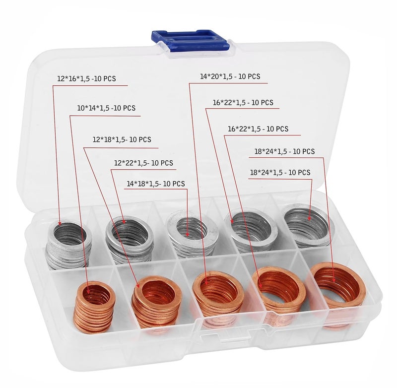 AUTOMAJOR 100pcs Oil Drain Plug Crush Washer Gasket Seal Assortment– 10mm 12mm 14mm 16mm 18mm - Universal Fit 50 Cooper and 50 Aluminum Oil Plug Washers - Image 1