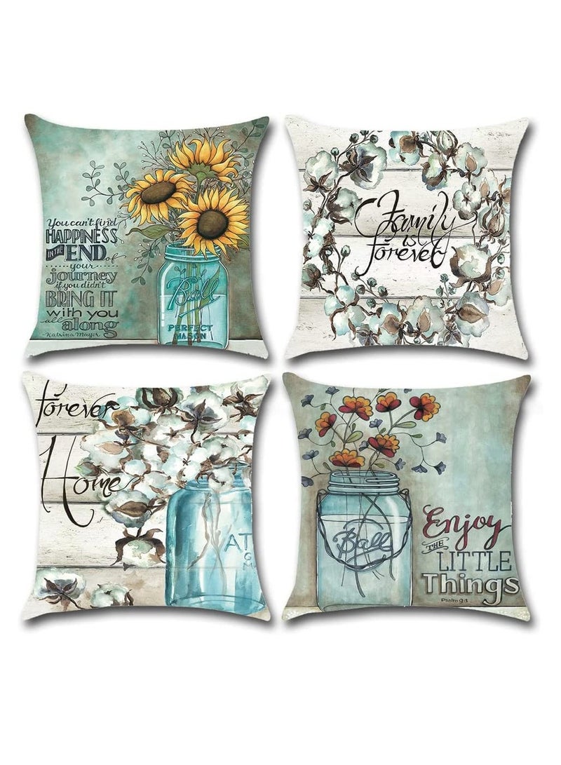 Sunflower Mason Jar Pillow Covers 18x18 Blue Vase Cushion Cases for Living Room Bedroom and Outdoor Decor 4 Pack - Image 1