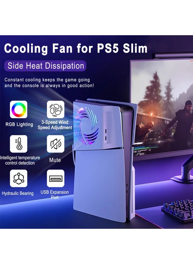 مروحة التبيه البيضاء لجهاز PS5 Slim مع إضاءة RGB ومنافذ USB بثلاث سرعات ومستشعر التحكم في درجة الحرارة - Image 3