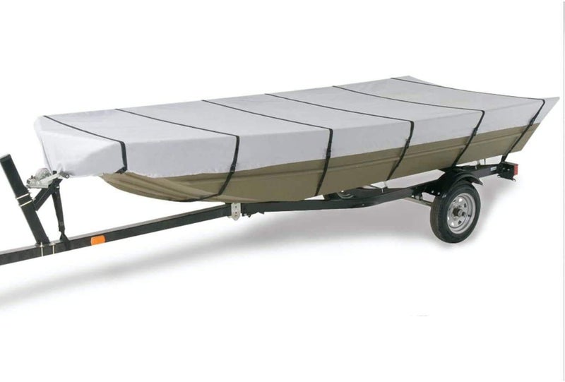 GOODSMANN Jon Boat Cover Waterproof Heavy Duty Marine Grade UV Resistant Trailerable Boat Cover with Adjustable Straps Gray Fits 14ft Length Beam Width to 70'' for Jon Boat - Image 1