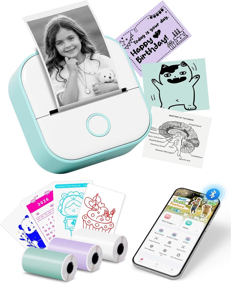 Memoking Mini Label Makers T02 Portable Small Printer with 3 Rolls Paper, Sticker Printer Machine for Study, Notes, Pictures, Photos, Journals, DIY, Compatible with Phone & Tablet, Green - Image 1