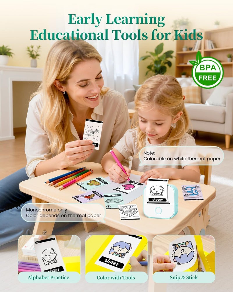 Memoking Mini Label Makers T02 Portable Small Printer with 3 Rolls Paper, Sticker Printer Machine for Study, Notes, Pictures, Photos, Journals, DIY, Compatible with Phone & Tablet, Green - Image 2