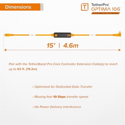 TETHER TOOLS TetherPro Optima 10Gbps Gen 2 USB-C, 15' (4.6m), Straight to Right, High-Visibility Orange - Image 4