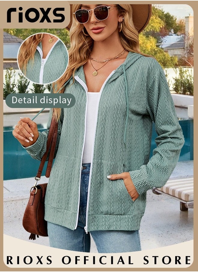 RIOXS - Women's Zip-up Cardigan, Stylish Long Sleeve Hoodies with Special Texture, Comfortable Casual Coat with 2 Front Pockets, Suitable for Casual Occasions - Image 1