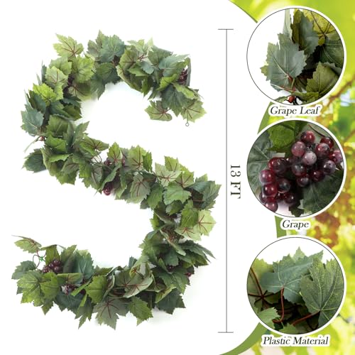 Glitinsel Artificial Grape Leaf Garland Vine Plant for Decoration Fake Greenery Garlands Hanging Leaves with Grapes for Wine Italian Themed Party Decor Wedding Photo Stage Favors 13 ftDark Green - Image 3
