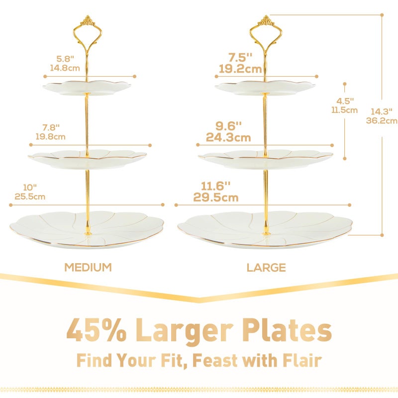 DUJUST Luxury Larger 3-Tier Cupcake Stand Tower, British Style Porcelain Serving Tray with Golden Trim, Food Grade Dessert Display Stand for Tea Party & Home DÃ©cor - 45% Larger Plates - Image 2