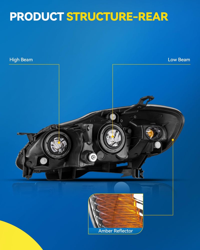 PHILTOP Headlight Assembly for 2003-2008 Corolla, Black Housing with Amber Reflector and Clear Lens, OE-Style Replacement Pair - Image 3