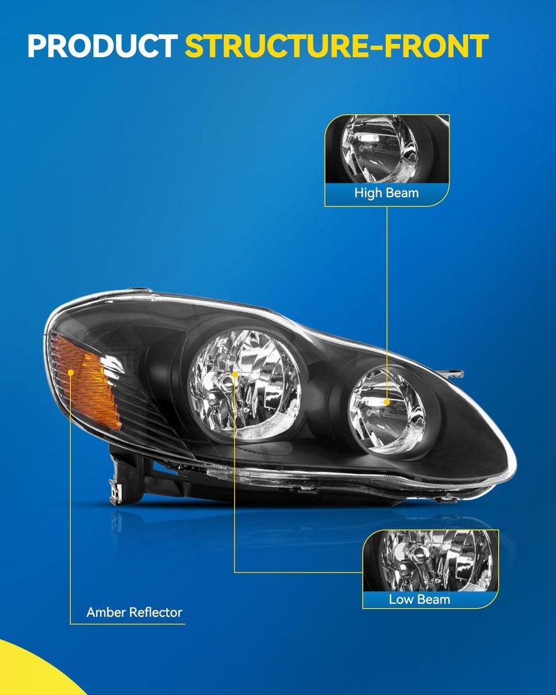 PHILTOP Headlight Assembly for 2003-2008 Corolla, Black Housing with Amber Reflector and Clear Lens, OE-Style Replacement Pair - Image 2