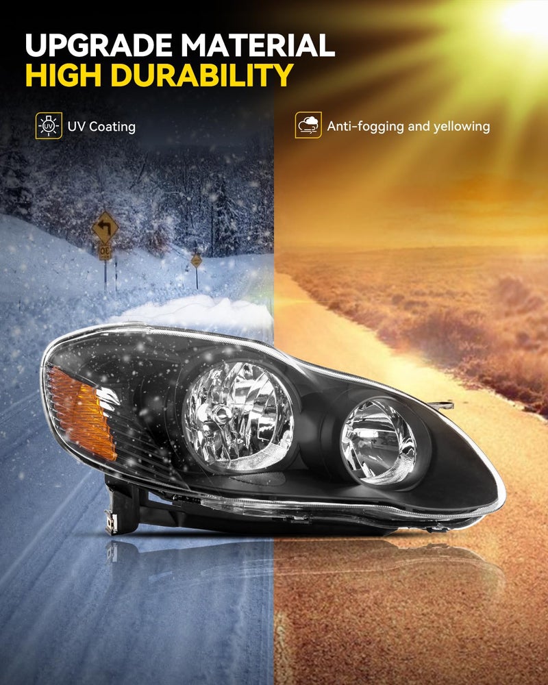 PHILTOP Headlight Assembly for 2003-2008 Corolla, Black Housing with Amber Reflector and Clear Lens, OE-Style Replacement Pair - Image 4