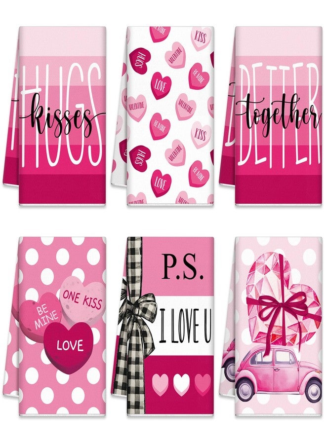 SmoothNovelty 6 Pcs Valentine's Day Kitchen Towels Rose Red Love Heart Dish Towel Decorative Hugs Kisses Hand Tea Towel Farmhouse Valentines Bathroom Decor for Holiday Anniversary Wedding Decoration