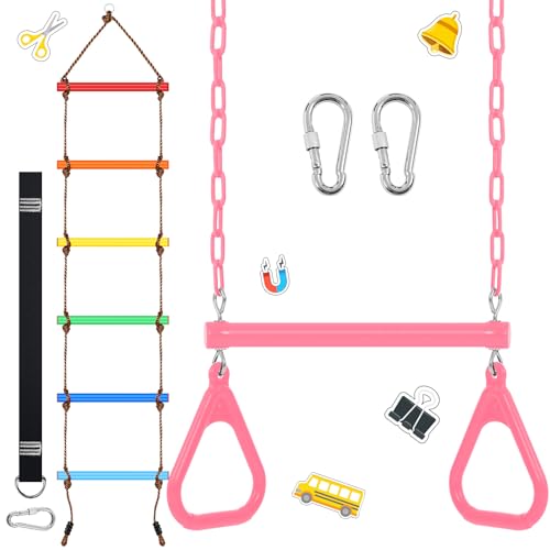 ShinyRelief 2 Pack Gym Swing Sets 48 Trapeze Swing Bar Monkey Bar Heavy Duty Chain with Locking 68ft Climbing Rope Ladder Climbing Game for Accessories Tree House Playground Outdoor Play Pink - Image 1