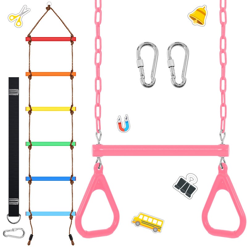 ShinyRelief 2 Pack Gym Swing Sets 48 Trapeze Swing Bar Monkey Bar Heavy Duty Chain with Locking 68ft Climbing Rope Ladder Climbing Game for Accessories Tree House Playground Outdoor Play Pink - Image 3