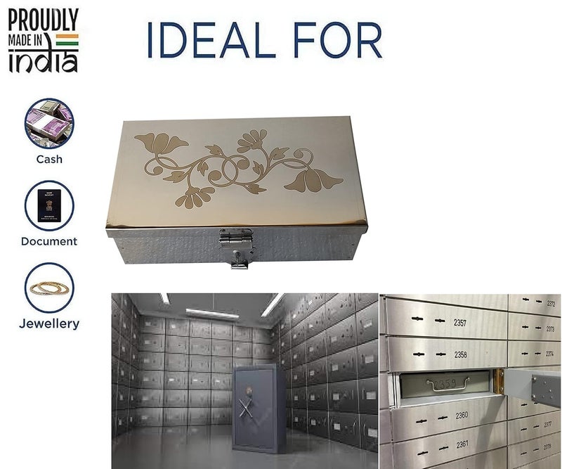 GinoSet Steel Storage Boxes,Cash, Pooja Peti,Organizer,Safe Locker Box 8 inch Storage Box (Steel) W-8", H-2.50", L-5" Cash Box With Laser Print Design (Small) - Image 3
