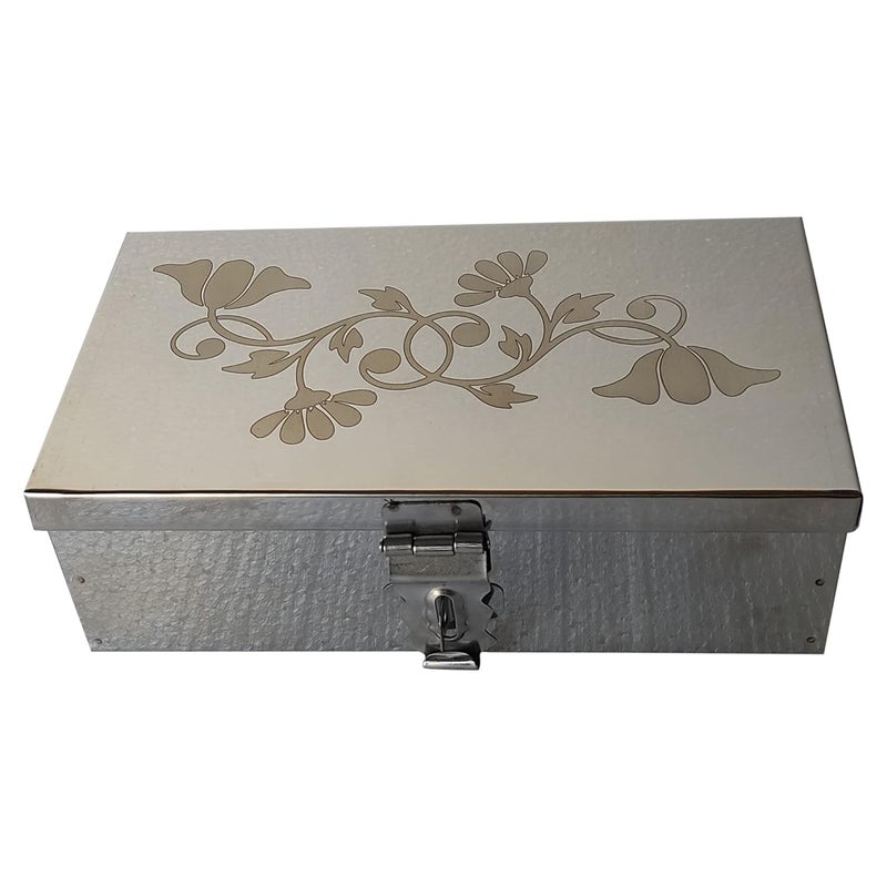 GinoSet Steel Storage Boxes,Cash, Pooja Peti,Organizer,Safe Locker Box 8 inch Storage Box (Steel) W-8", H-2.50", L-5" Cash Box With Laser Print Design (Small) - Image 1