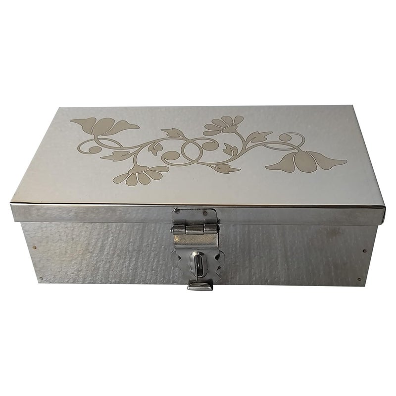 GinoSet Steel Storage Boxes,Cash, Pooja Peti,Organizer,Safe Locker Box 8 inch Storage Box (Steel) W-8", H-2.50", L-5" Cash Box With Laser Print Design (Small) - Image 2