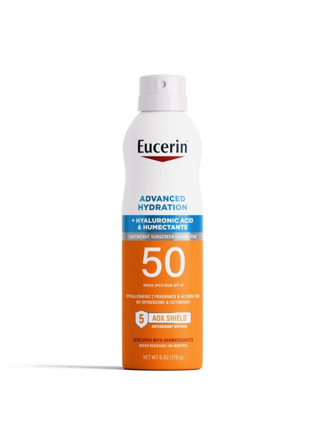 Eucerin رذاذ واقي شمس متقدم للترطيب SPF 50، رذاذ واقي شمس خفيف الوزن مع حمض الهيالورونيك ومرطبات، مضاد للحساسية، خالي من العطور والكحول، زجاجة 6 أونصات - Image 1