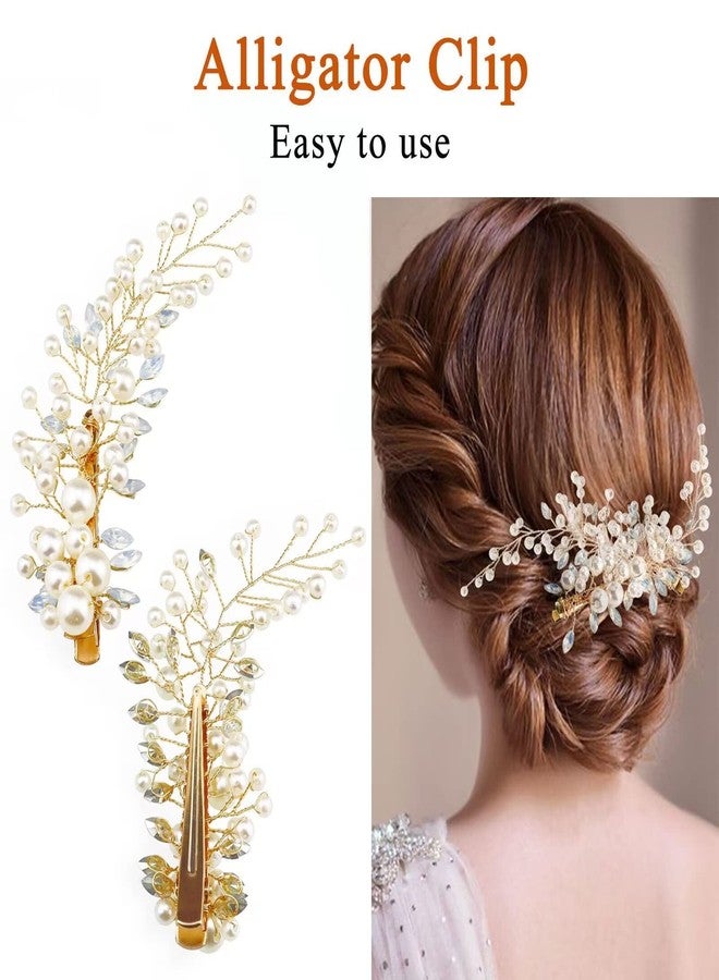 Sppry Wedding Pearl Hair Clips（2 Pcs）- Rhinestone Hair Accessories for Bridal Women（Gold) - Image 3