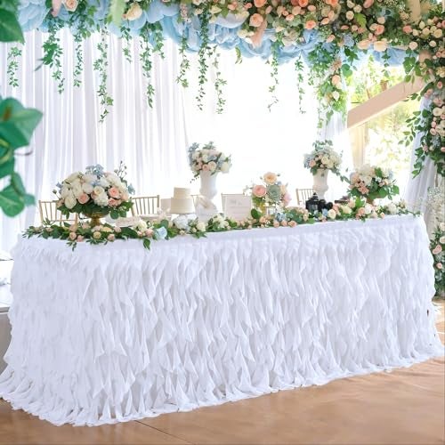 Partisky White Tulle Curly Willow Table Skirt for Rectangle Table 6ft Ruffle Tutu Table Cloth for WeddingBridal Shower Baby ShowerBirthday Party