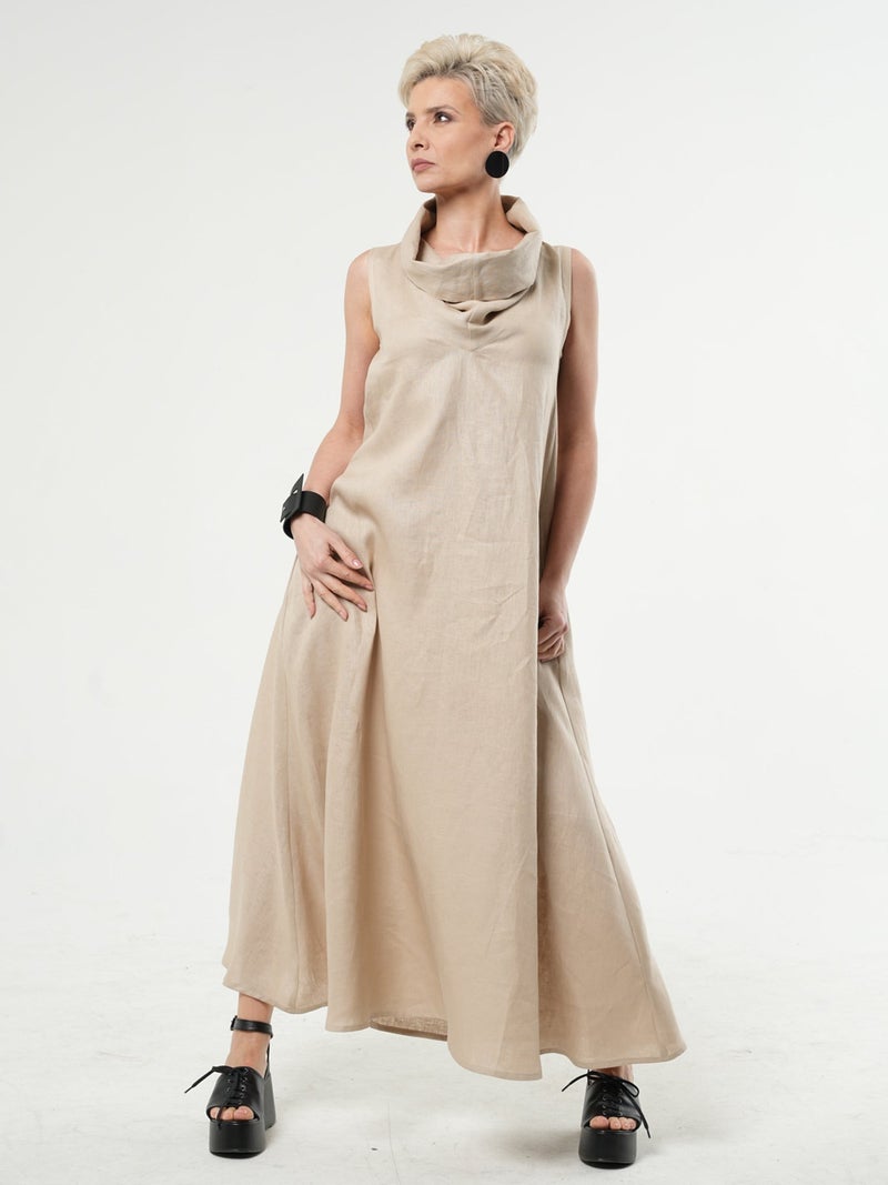 Metamorphoza Beige Linen Dress With Large Collar - Image 1
